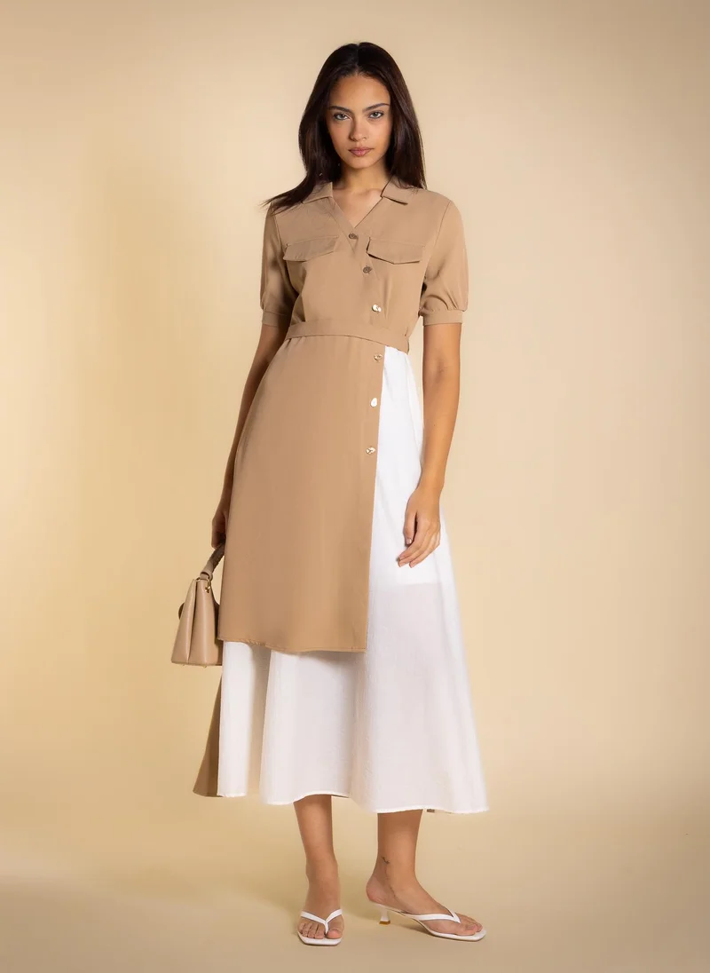 SHAPES DETAILED CONTRAST MIDI DRESS