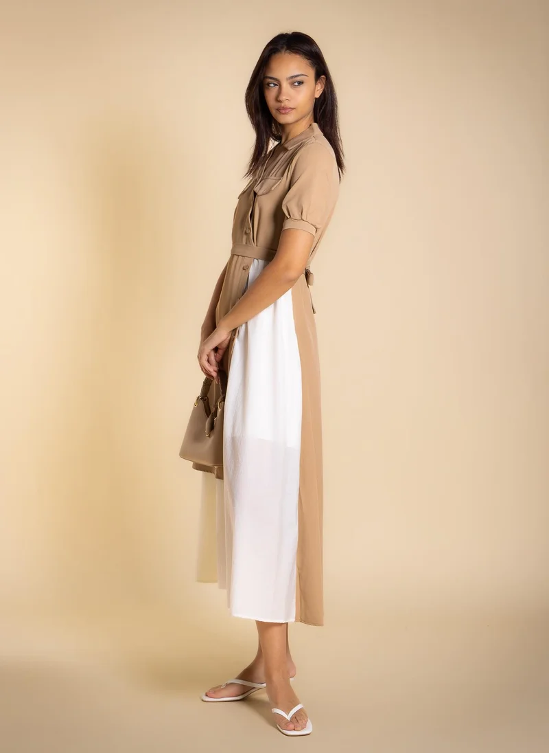 SHAPES tan DETAILED CONTRAST MIDI DRESS for Women | Best Price UAE