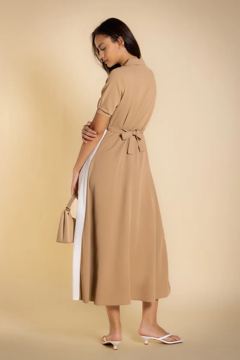 SHAPES tan DETAILED CONTRAST MIDI DRESS for Women | Best Price UAE
