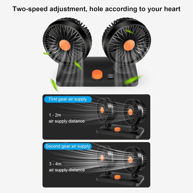 Car Air Cooling Fan, Six Blades Double Head USB Universal Cooling Device 360 Degree Adjustable Square Low Noise Car Accessories - Image 3