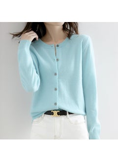 Spring Autumn Winter Knitted Cardigan Womens Round Neck Wool-Like Sweater Versatile Solid Color Cropped Loose-Fit Pullover Bean Green