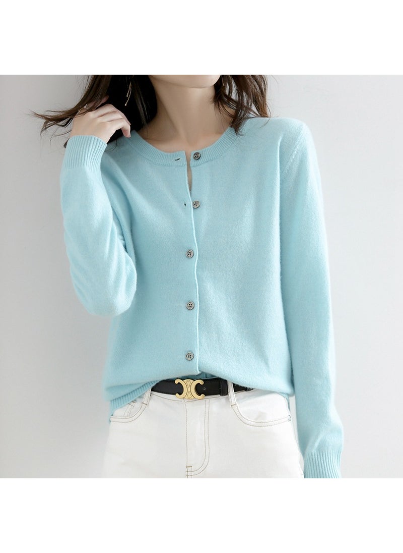 Generic - Spring Autumn Winter Knitted Cardigan Womens Round Neck Wool-Like Sweater Versatile Solid Color Cropped Loose-Fit Pullover Bean Green - Image 1