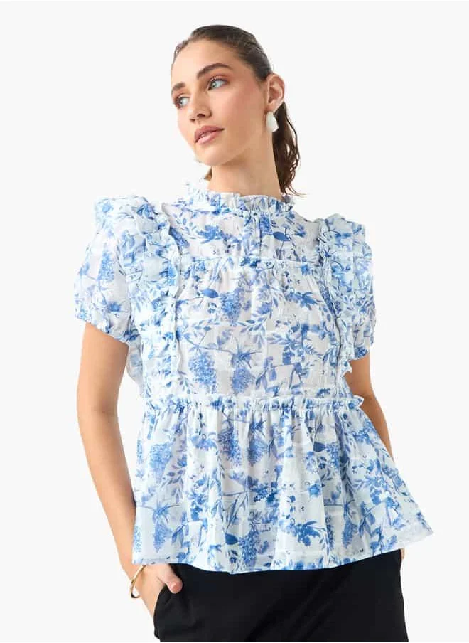 2Xtremz 2Xtremz Floral Print High Neck Peplum Top with Ruffles