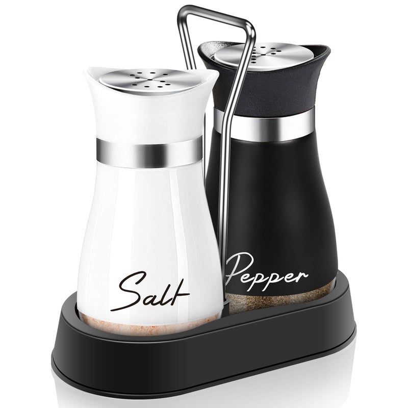 Arrozon Salt and Pepper Shakers Set with Holder,4 oz Bottom Salt Shaker with Stainless Steel Lid for Kitchen Gadgets Cooking Table Housewarming Gift Christmas Decor Refillable Design (Black + White) - Image 1