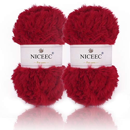NICEEC 2 Skeins Faux Fur Yarn Super Soft Chunky  Fluffy Eyelash Yarn for Crochet  Knitting Total Length 70yds353oz  Red