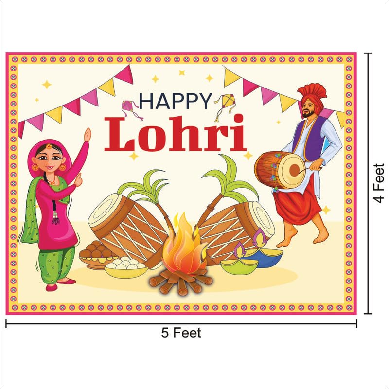 Party Baazaar Lohri Backdrop Punjabi Festival Photography Background Happy Lohri Party Decoration Supplies Photo Booth Banner (Pack of 1, Multicolor, Size: 5x4 Feet) - Image 3