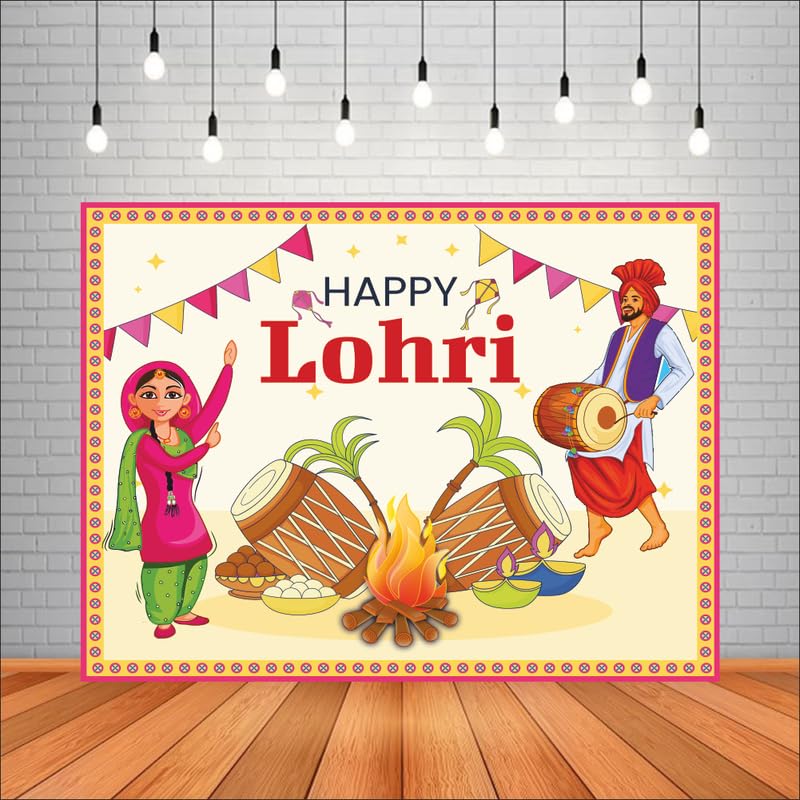 Party Baazaar Lohri Backdrop Punjabi Festival Photography Background Happy Lohri Party Decoration Supplies Photo Booth Banner (Pack of 1, Multicolor, Size: 5x4 Feet) - Image 1