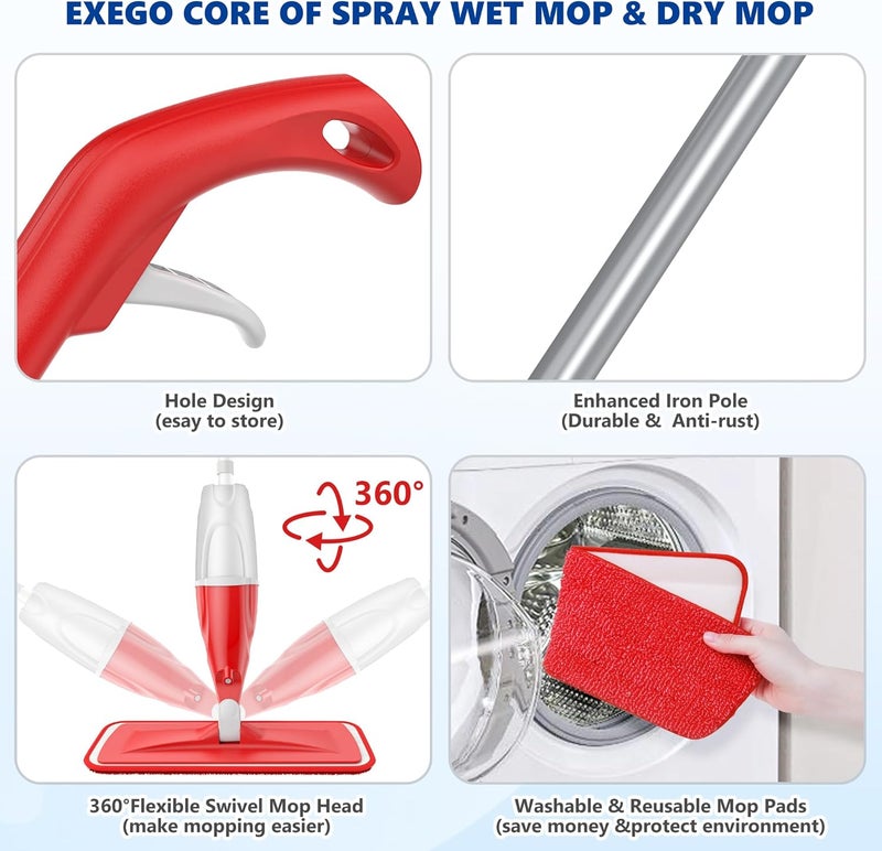 EXEGO Spray Mops for Floor Cleaning: Wet Mop with 3 Washable Microfiber Pads for Swiffer Powermop - Floor Flat Mop Dust Dry Nops for Hardwood Tile Wood Laminate Vinyl Marble - Home Commercial Mop - Image 3