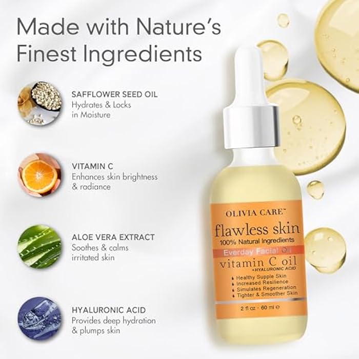 Olivia Care زيت الوجه الأساسي الخالي من العيوب أوليفيا كير فيتامين سي + حمض الهيالورونيك 100% طبيعي، منشط، مرطب، مهدئ ومريح. يثبت ويحتفظ بالرطوبة 2 أونصة سائلة (فيتامين سي) - Image 5