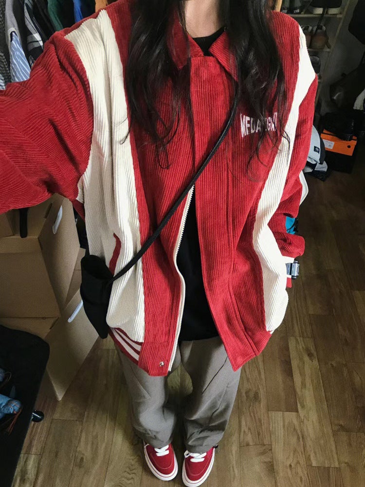 Chic Retro Patchwork Womens Corduroy Baseball Jacket Double layer red 