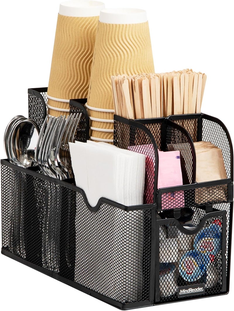 Coffee Condiment and Accessories Caddy Organizer, for Cups, Stirrers, Snacks, Sugars, etc., Black Mesh - Image 1