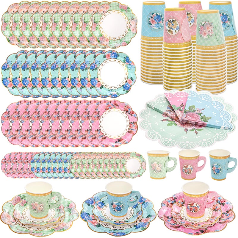 Tebery 204 Pcs Floral Tea Cups and Saucers Set, Disposable Paper Tea Cup with Handle Saucer Plate Napkin, Tea Party Supplies Set for Tea Party Decorations Birthday Wedding Bridal Shower - Image 1