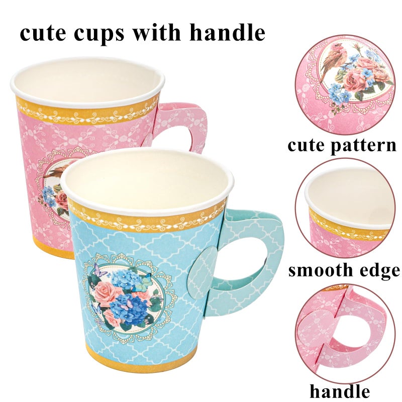 Tebery 204 Pcs Floral Tea Cups and Saucers Set, Disposable Paper Tea Cup with Handle Saucer Plate Napkin, Tea Party Supplies Set for Tea Party Decorations Birthday Wedding Bridal Shower - Image 3