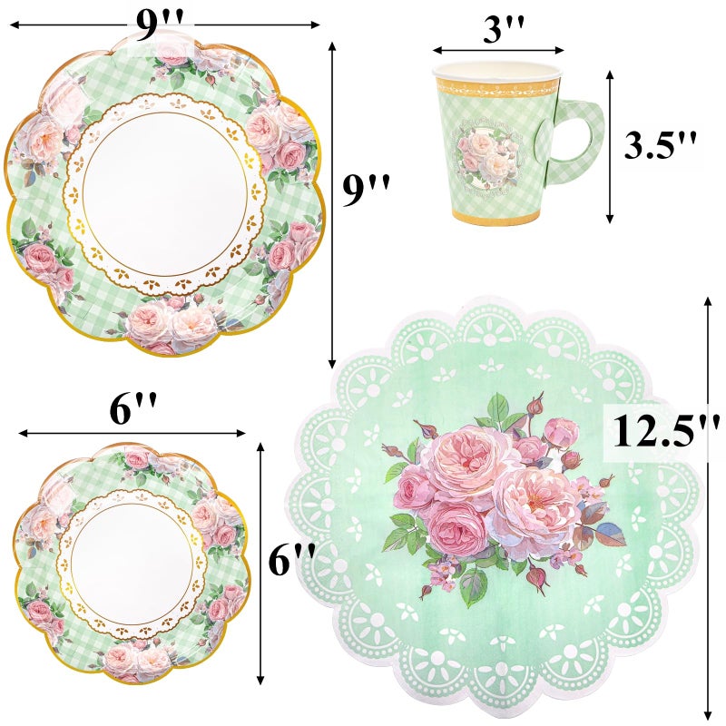 Tebery 204 Pcs Floral Tea Cups and Saucers Set, Disposable Paper Tea Cup with Handle Saucer Plate Napkin, Tea Party Supplies Set for Tea Party Decorations Birthday Wedding Bridal Shower - Image 2