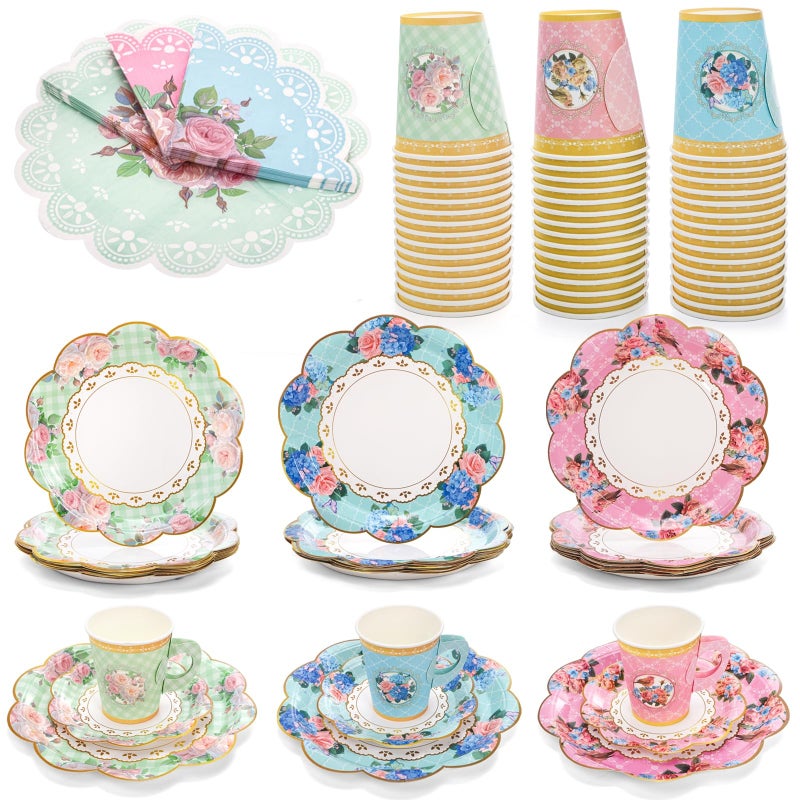 Tebery 204 Pcs Floral Tea Cups and Saucers Set, Disposable Paper Tea Cup with Handle Saucer Plate Napkin, Tea Party Supplies Set for Tea Party Decorations Birthday Wedding Bridal Shower - Image 5