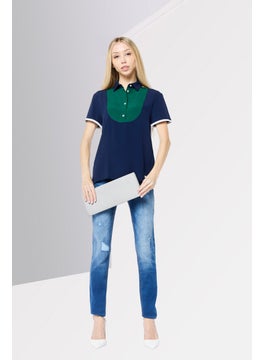 Harmont & Blaine Women Spread Collar Short Sleeves Plain Polo Shirt, Navy Blue  - Image 2
