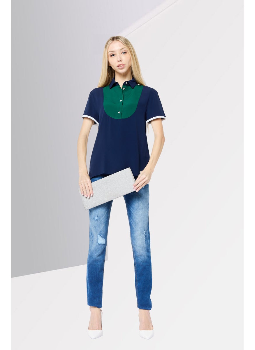 Harmont & Blaine Women Spread Collar Short Sleeves Plain Polo Shirt, Navy Blue  - Image 2