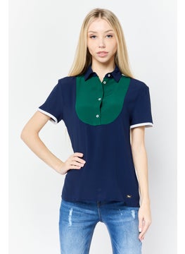 Harmont & Blaine Women Spread Collar Short Sleeves Plain Polo Shirt, Navy Blue  - Image 1
