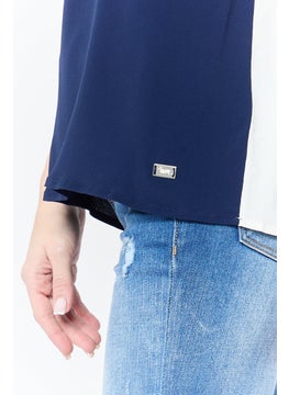 Harmont & Blaine Women Spread Collar Short Sleeves Plain Polo Shirt, Navy Blue  - Image 3