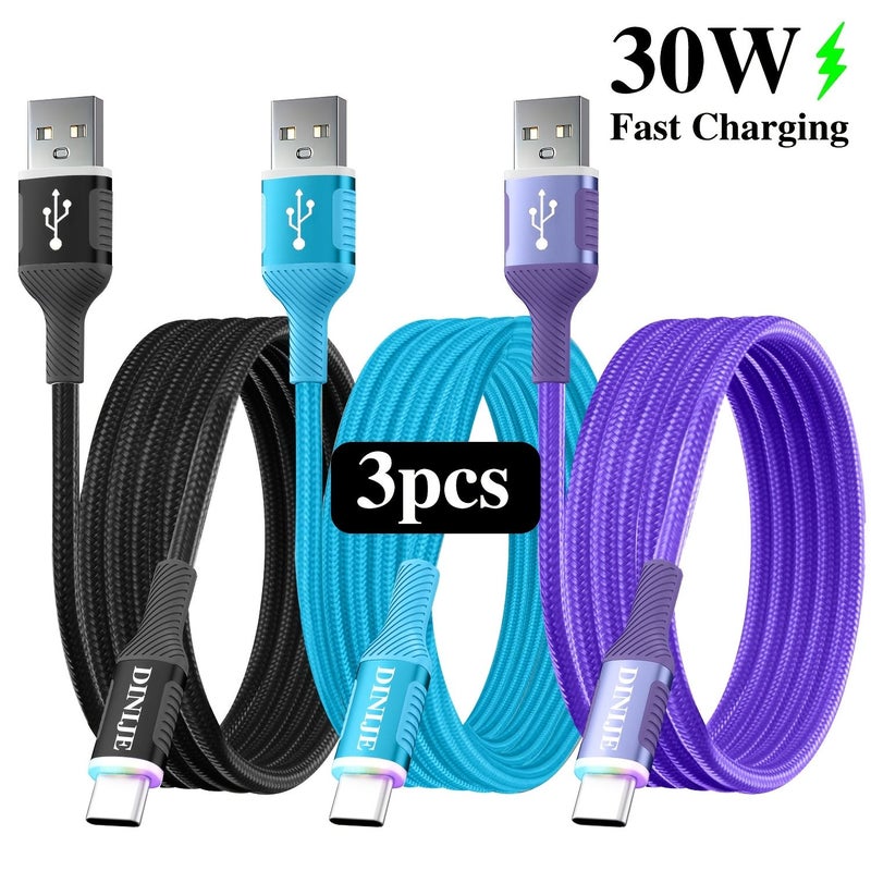 3Pcs 30W Nylon Braided USB C Fast Charging Cable USB A To USB C Cable For Smartphones Tablets Laptops With 7 Color Indicator Light 1m Black - Image 1