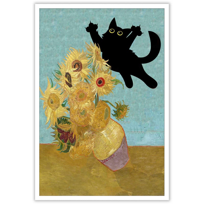 TYOHU Funny Black Cat Art Poster Vintage Van Gogh Sunflower Cat Print Canvas Wall Art Cute Animal Room Aesthetic Prints Painting For Home Bedroom Dorm Wall Decor 12x16in Unframed
