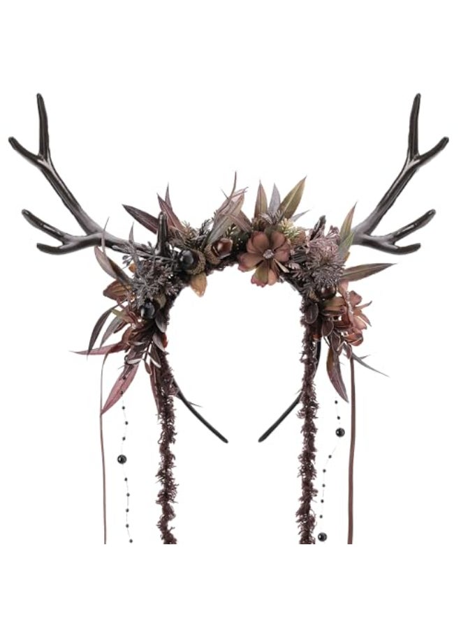 MOSTORY Dark Flower Reindeer Headband Gothic Floral Antlers Headpiece for Renaissance Accessories Women Dark Fairy Costume Deer Horns Headband with Vine for Goth Cosplay Renfaire Witch Aesthetic - Image 1