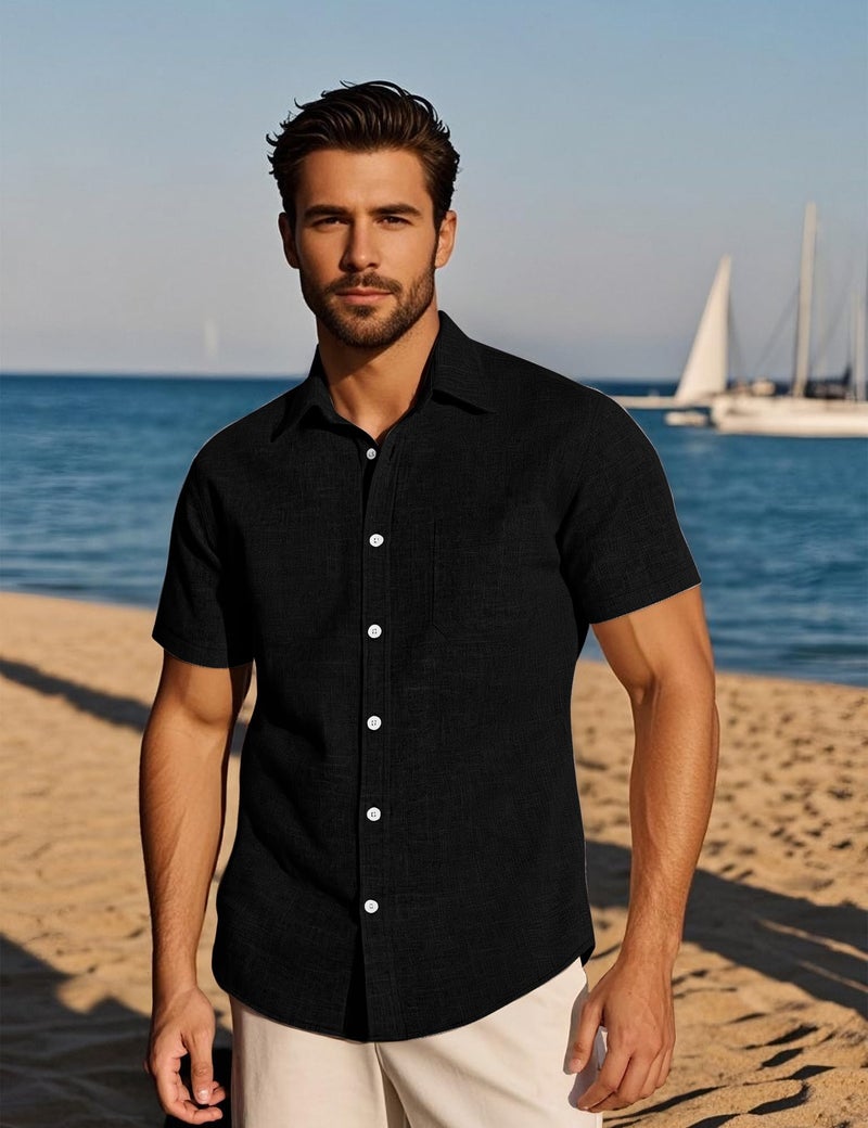PARKLEES Mens Wrinkle Free Short Sleeve Button Down Shirts Texture Linen Shirts Casual Vacation Beach Summer Tops Black Small - Image 2