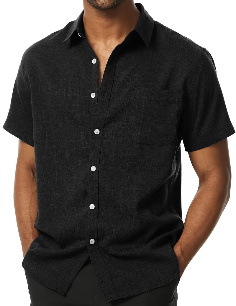 PARKLEES Mens Wrinkle Free Short Sleeve Button Down Shirts Texture Linen Shirts Casual Vacation Beach Summer Tops Black Small - Image 1
