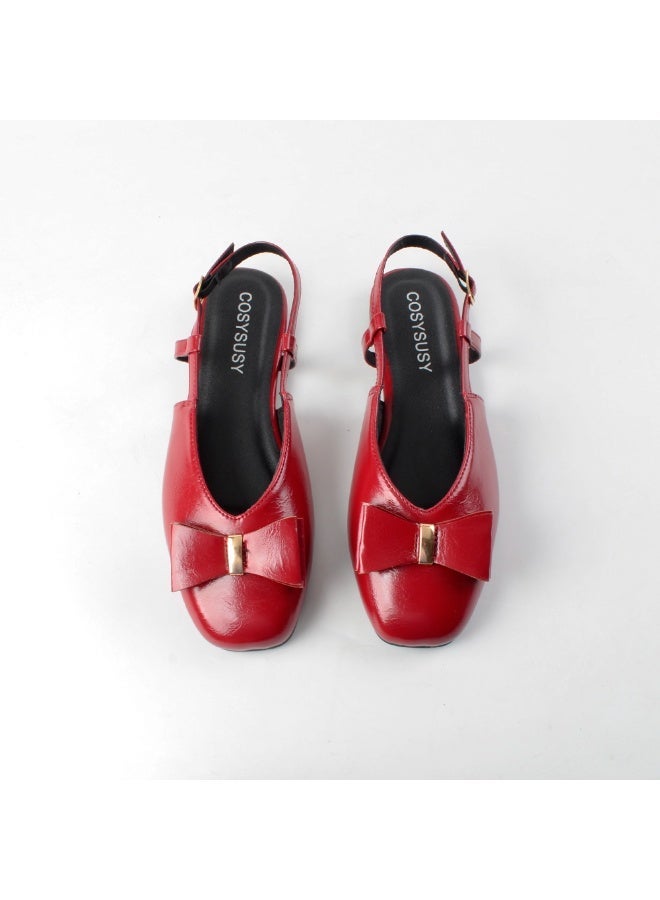 Women's Burgundy Red Glossy Faux Leather Slingback Mary Jane Flat Shoes with Bow - Image 2