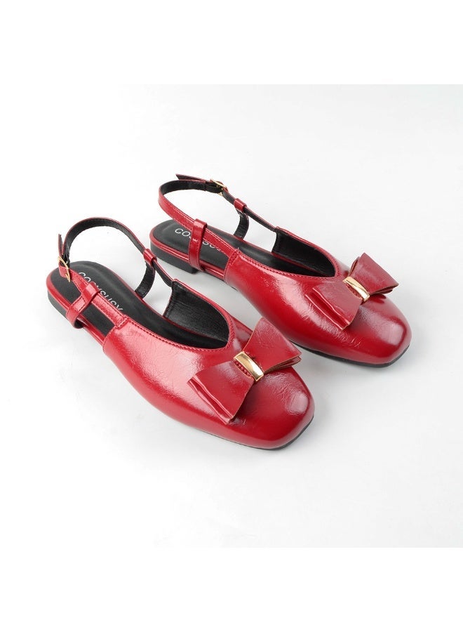Women's Burgundy Red Glossy Faux Leather Slingback Mary Jane Flat Shoes with Bow - Image 1