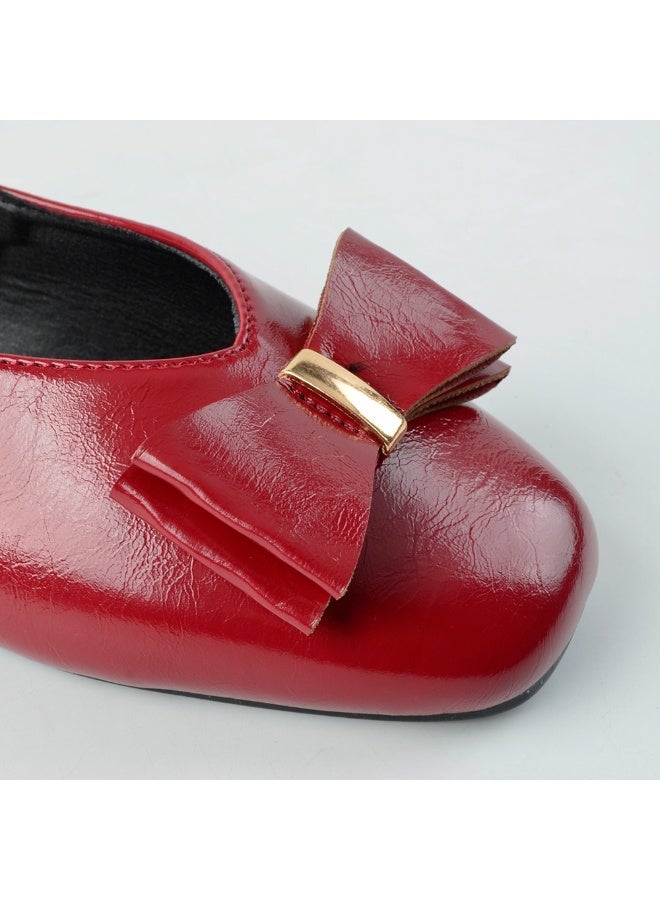 Women's Burgundy Red Glossy Faux Leather Slingback Mary Jane Flat Shoes with Bow - Image 3