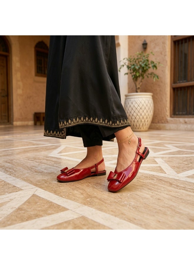 Women's Burgundy Red Glossy Faux Leather Slingback Mary Jane Flat Shoes with Bow - Image 5