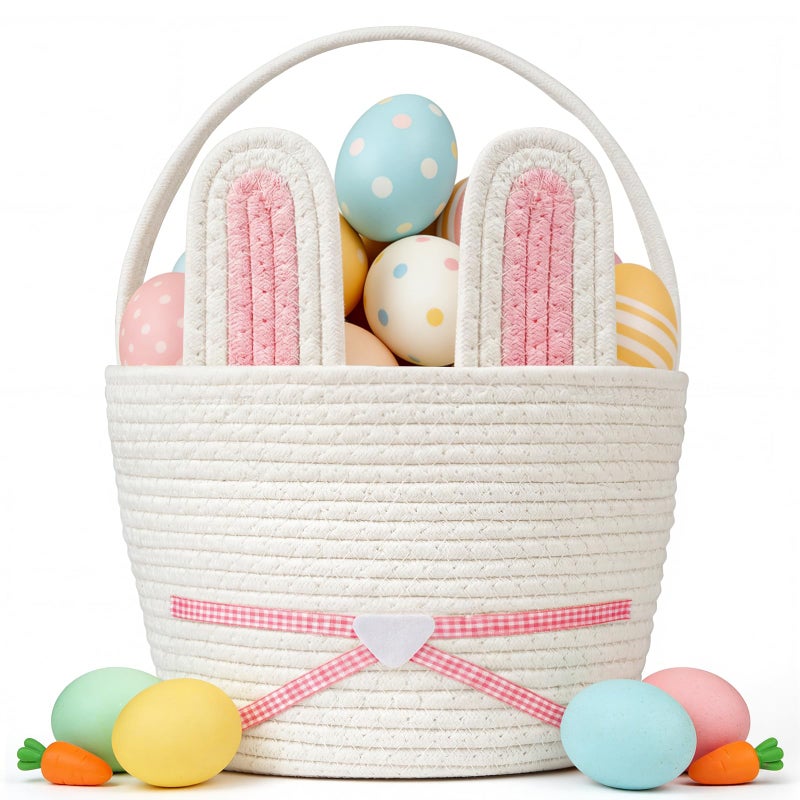 HAIMST Easter Basket Woven Easter Bunny Basket with Handle Empty Gift Baskets Easter Egg Hunt Basket First Easter Basket Easter Bucket with Detachable Ears for Girls Boys Teens Pink White - Image 2