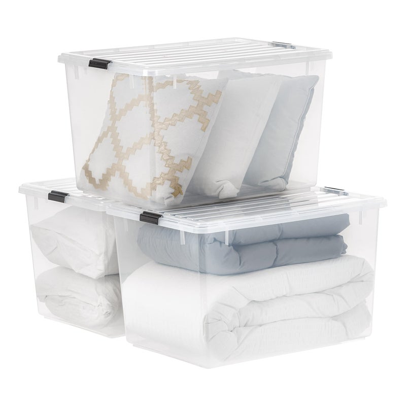 IRIS USA 144 Qt Stackable Plastic Storage Bins with Lids 3 Pack  BPAFree SeeThrough Organizing Solution Latches Durable Nestable Containers Secure Pull Handle Made in USA  Clear