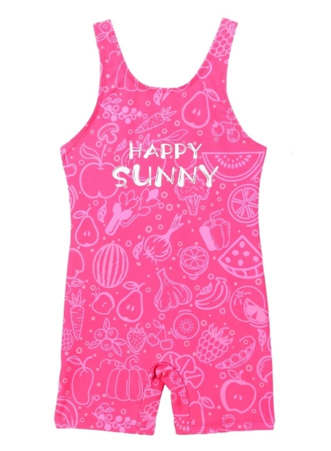 Loquat Girls Printed One Piece Sleeveless Swimsuit Kids Water Sport Short Bathing Suits Dark Pink - Image 1