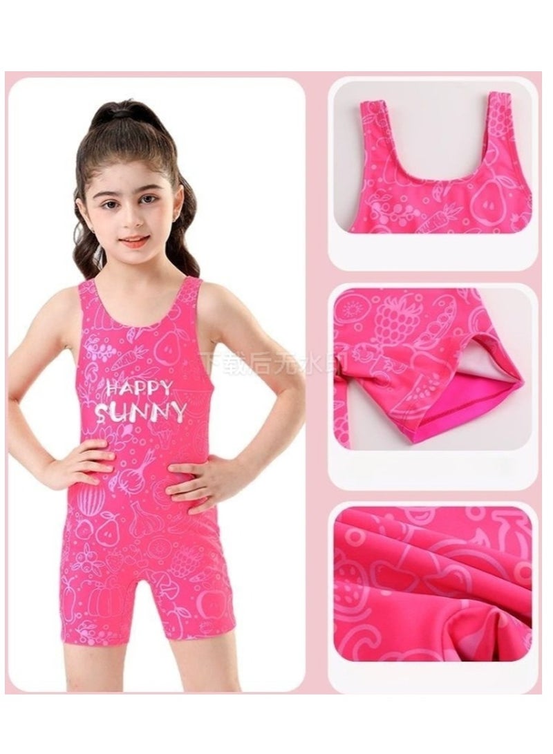 Loquat Girls Printed One Piece Sleeveless Swimsuit Kids Water Sport Short Bathing Suits Dark Pink - Image 3