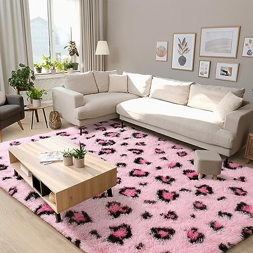 BENRON Living Room Area Rug 6x9 Kids Room Fluffy Bedroom Pink LeopardCheetah Print Fuzzy Nursery Rug for Girls Boys Modern Faux Fur Washable Carpet - Image 1