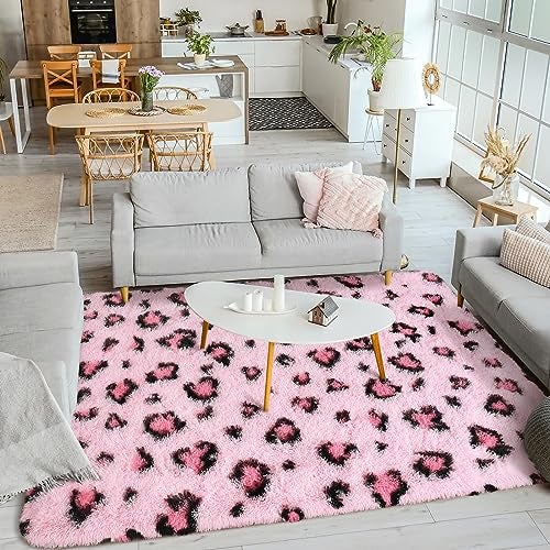 BENRON Living Room Area Rug 6x9 Kids Room Fluffy Bedroom Pink LeopardCheetah Print Fuzzy Nursery Rug for Girls Boys Modern Faux Fur Washable Carpet - Image 3
