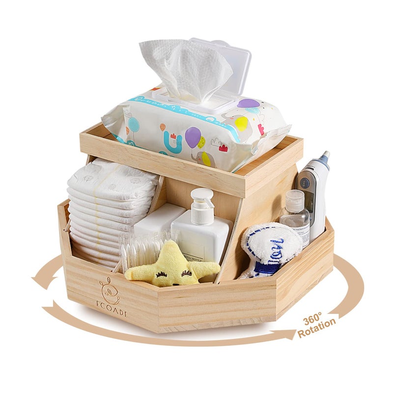 ECOADE Wooden Diaper Caddy Organizer - 360 Degrees Rotating Caddy with Removable Dividers, Nursery Diaper Organizer - Image 1