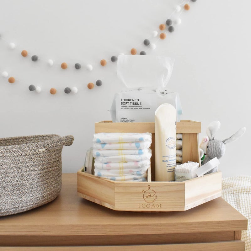 ECOADE Wooden Diaper Caddy Organizer - 360 Degrees Rotating Caddy with Removable Dividers, Nursery Diaper Organizer - Image 4