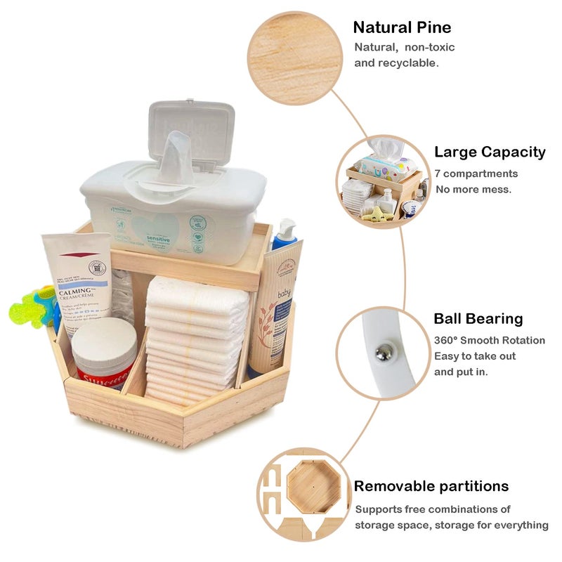 ECOADE Wooden Diaper Caddy Organizer - 360 Degrees Rotating Caddy with Removable Dividers, Nursery Diaper Organizer - Image 2