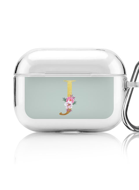 Classic Clear printed Case for Apple Airpods Pro Soft TPU Gel Thin Transparent Flexible Cover - Custom Monogram Initial Letter Floral Pattern Alphabet - J ( Light Green )
