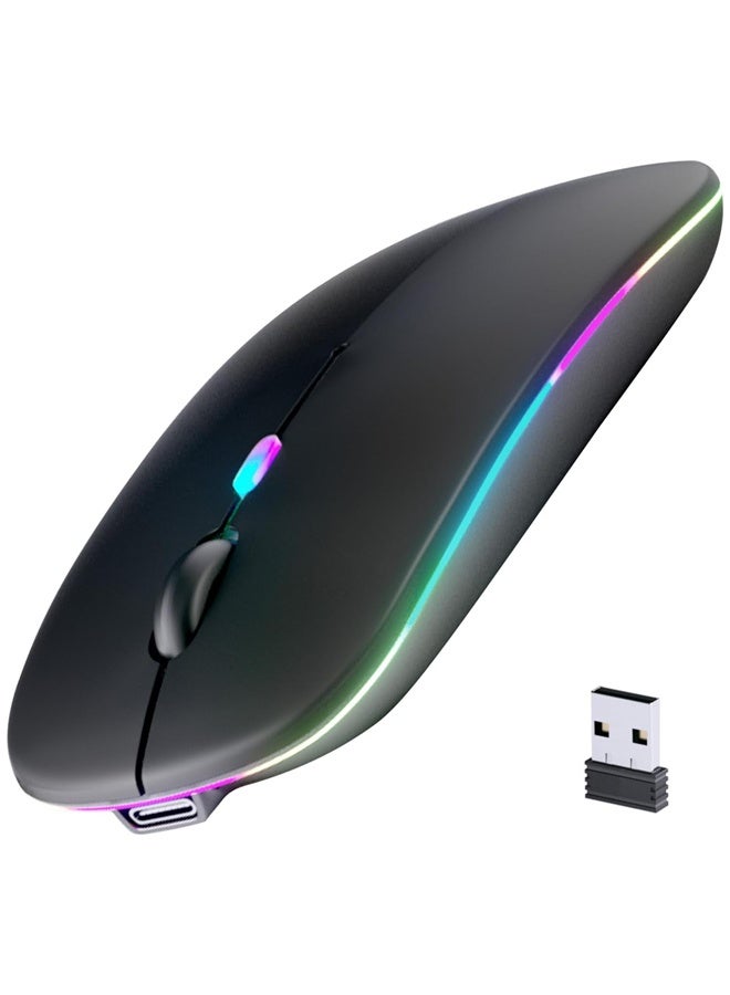 Muyixin Wireless Bluetooth Mouse, Rechargeable, LED, Silent, Ultra-thin Design (Bluetooth 5.2 and 2.4GHz USB Receiver) | Portable Computer Mouse for Laptops, iPads, MacBooks and Apple Devices (Black) - Image 1