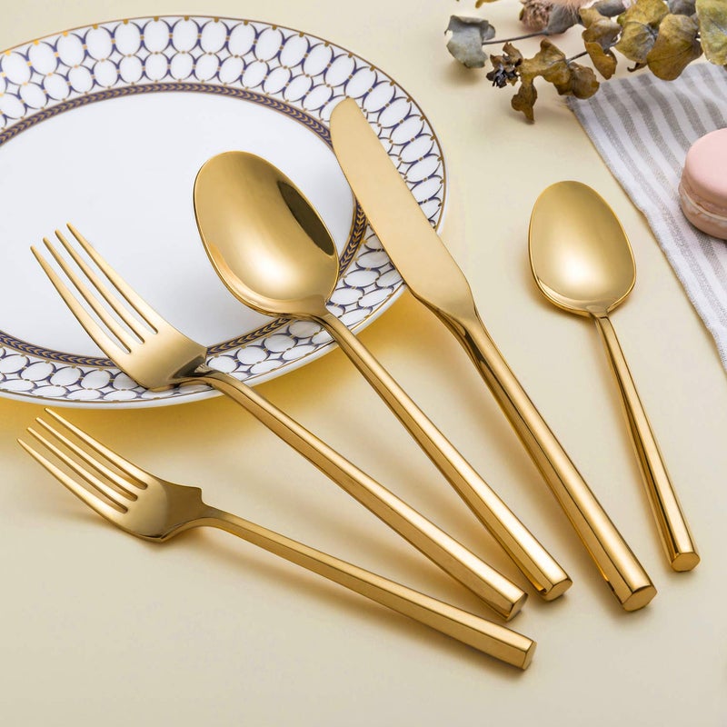 Kelenfer Silverware Set Flatware Set Shiny Gold Cutlery Set with Hexagon Handle Forged Stainless Steel Heavy 20 Pieces For Home Hotel Use Service for 4