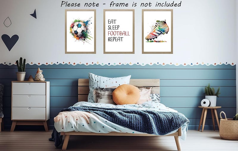 Eviepops Prints ALAYRA Football Set of 3 Unframed Prints, Football Boots and Ball with Quote Posters, Multi Watercolour Splash, Boys Girls Bedroom Football Wall Art, Football Soccer Decor, Eat Sleep Football Repeat (A3) - Image 2