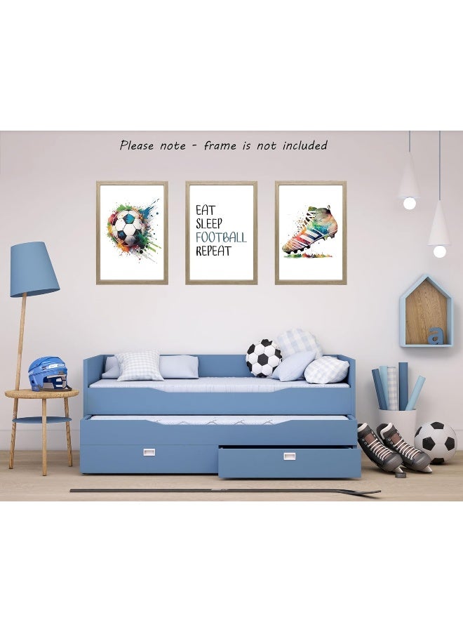 Eviepops Prints ALAYRA Football Set of 3 Unframed Prints, Football Boots and Ball with Quote Posters, Multi Watercolour Splash, Boys Girls Bedroom Football Wall Art, Football Soccer Decor, Eat Sleep Football Repeat (A3) - Image 3