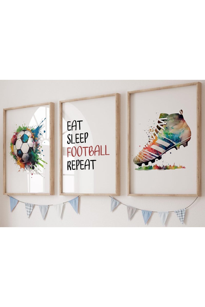 Eviepops Prints ALAYRA Football Set of 3 Unframed Prints, Football Boots and Ball with Quote Posters, Multi Watercolour Splash, Boys Girls Bedroom Football Wall Art, Football Soccer Decor, Eat Sleep Football Repeat (A3) - Image 1