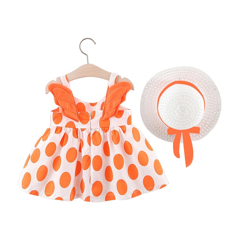 Korean children's new children's clothing 2020 wings dot print girl dress summer children's skirt wholesale C794 With hat orange - Image 1