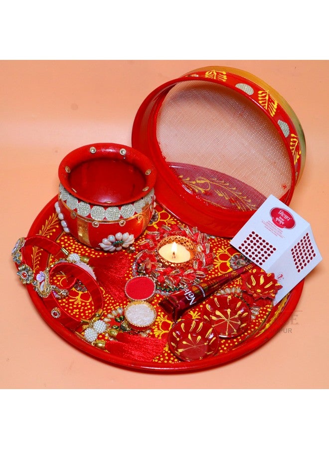 Jaipur Ace Karwa Chauth Traditional Womens Pooja Thali Combo Set | karwachauth Thali with Lota/Kalash, Channi, Bowls, Tealight Diya, Freesize Bangles,Bindi, Mehandi Cone & Kumkum - Image 2