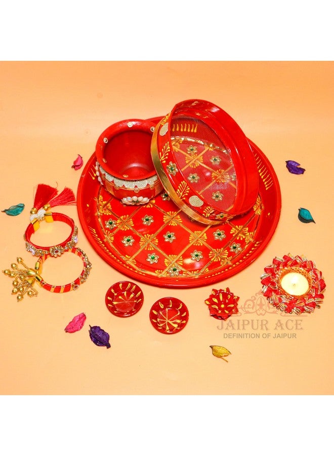 Jaipur Ace Karwa Chauth Traditional Womens Pooja Thali Combo Set | karwachauth Thali with Lota/Kalash, Channi, Bowls, Tealight Diya, Freesize Bangles,Bindi, Mehandi Cone & Kumkum - Image 4